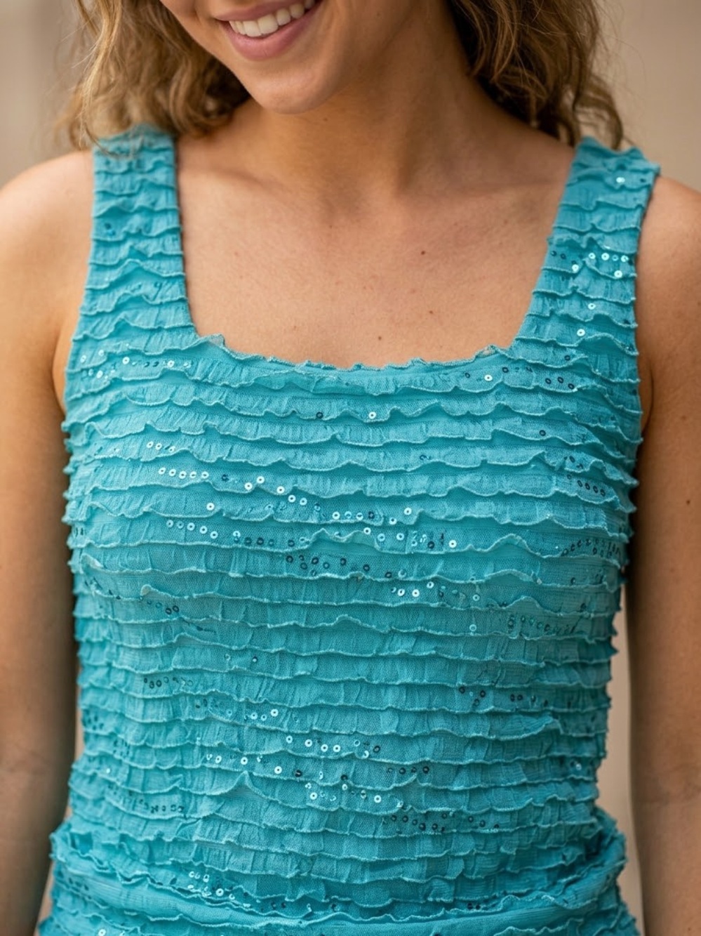 Vintage Y2K New Directions Turquoise Sequin Ruffle Tank Top Small Fairycore